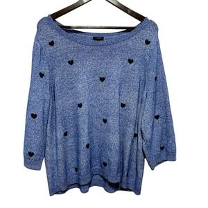 Talbots Sweater Womens 3X Petite Blue Hearts Embroidery Lightweight Wool Blend
